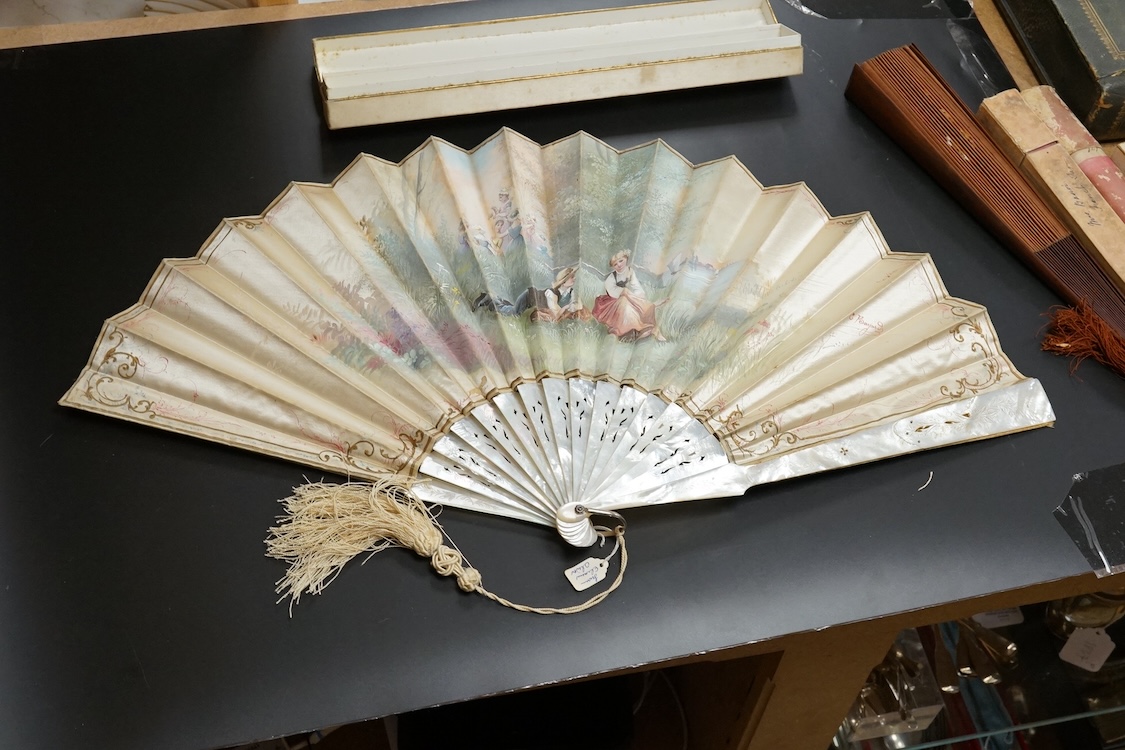 A group of 19th century fans to include a blonde tortoiseshell brisé fan, gilt decorated with sequins and a floral hand painted with figures with sequins decoration, some boxed, tortoiseshell fan 19cm high largest 36cm h